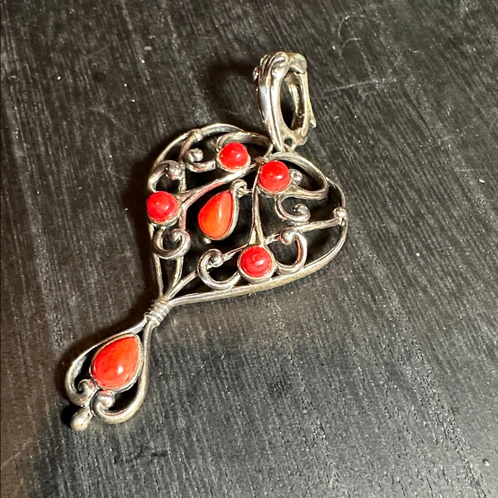 Carolyn Pollack sterling silver enhancer necklace pendant heart red coral